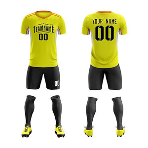 Custom Yellow Soccer Jersey Set Men's V-Neck Short Sleeve Sublimated Team Uniform with Black Shorts and <b>Socks</b> - Product Image 1