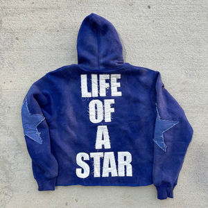 Sweat à capuche zippé surdimensionné en coton mélangé, style streetwear, effet délavé et usé, avec poche brodée personnalisée pour homme - Product Image 4