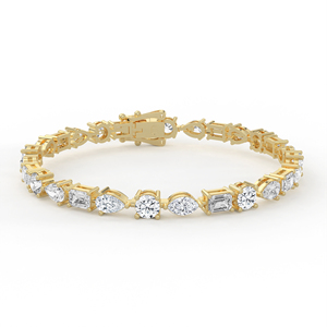 Bracelet de tennis sophistiqué en or 14kt 18kt, 28 diamants multiformes, avec maillons rotatifs taille Marquise, Poire et Émeraude, certifié IGI - Product Image 1