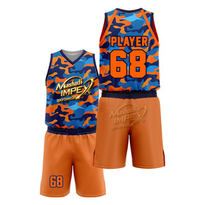 Conjunto de Camiseta de Baloncesto con Estampado de Camuflaje, Diseño Sublimado Transpirable, Ropa Deportiva Unisex para Adultos, Camiseta sin Mangas con Cuello en V Naranja y Azul, Pantalones Cortos - Product Image 2