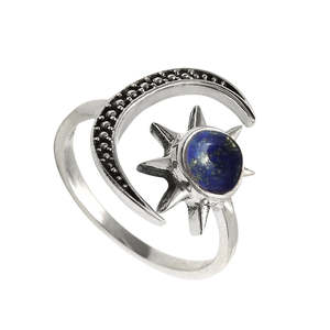 Solid 925 Sterling Silver Handmade Lapis Lazuli Gemstone Ring Natural Semi-Precious Sun & Moon Design Light Weight Boho Rings - Product Image 1
