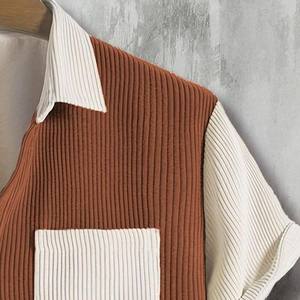 Camisa de hombre personalizada de manga corta con bloques de color, botones, bolsillo frontal, cuello, elastano/poliéster, abotonadura sencilla, informal de verano - Product Image 3