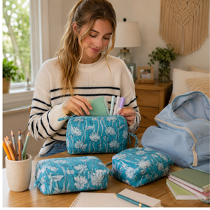 <b>Toiletry</b> Bag Set of 3 Multi Function Travel Organizer Cosmetic Make up Stationary <b>Storage</b> Bags Jaipur Artisanal Hand Block - Product Image 5