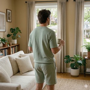 Ensemble de détente personnalisé pour homme en tricot gaufré d'été, T-shirt à manches courtes et short à cordon de serrage, 2 pièces, vert sauge pastel, microfleece respirant - Product Image 4