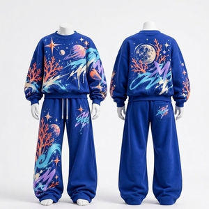 Conjunto Deportivo Gráfico Azul Rey para Mujer, Sudadera Oversize y Pantalones Anchos, Estilo Urbano Casual de Dos Piezas - Product Image 1