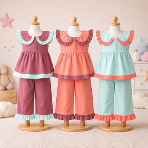 Lote de Stock al por Mayor: Conjunto de Top con Volantes y Hombros Descubiertos y Shorts de Color Liso sin Mangas para Niñas - Atuendo de Verano para Niñas de Bangladesh - Ropa Infantil - Product Image 4
