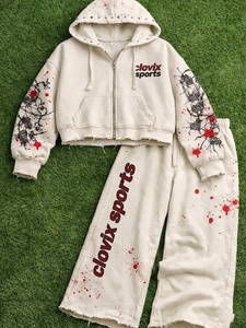 Hip Hop Streetwear Crop Hoodie Sweatpants Set Women Graphic Sleeve Print Distressed Edge Two Piece <b>Tracksuit</b> - Product Image 1
