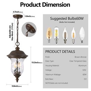 Rustic Outdoor <b>Vintage</b> Pendant <b>Light</b> Weatherproof Hanging Lantern Clear Glass <b>Shade</b> Waterproof Exterior Lighting Fixture Garden - Product Image 6