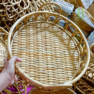 New Design <b>Round</b> Rattan Tray Hand-Woven <b>Wicker</b> Serving <b>Basket</b> with Wood Handles Sustainable Kitchen & Living Room Decor - Product Image 1