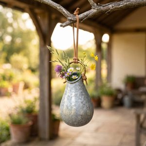 Vase suspendu en métal fait main en forme de goutte d'eau, 12 cm, en zinc naturel avec cordon en cuir, décoration d'intérieur - Product Image 1