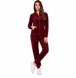 Women <b>Velour</b> <b>Tracksuit</b> 2 Piece Hooded Jogger Set Full Sleeve Solid Color Zipper Closure Casual Sportswear - Product Image 5