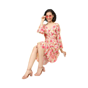 Vestido Rosa liso para mujer con manga larga Estampado floral Aspecto elegante informal para brunch Picnics Ropa formal de una pieza para verano - Product Image 1