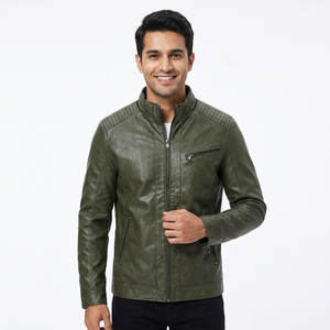 <b>Men's</b> Green Genuine Leather Breathable Streetwear <b>Jacket</b> Casual Outwear Loose Plus Size Stand Collar Padded Thin <b>Velvet</b> - Product Image 2