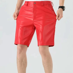 Men's Red PU Coated Bermuda Shorts Mid Waist Button Fly Casual Style Solid Color Woven Fabric - Product Image 6