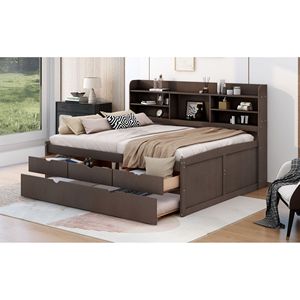 Cama de Capitán de Madera Gris Antigua de Tamaño Completo con Estanterías Integradas y Cama Nido con Tres Cajones de Almacenamiento - Product Image 4