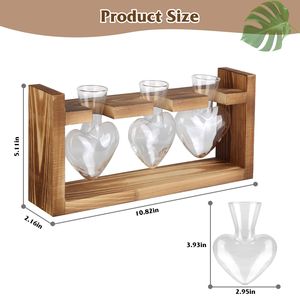 3 Jarrones de Vidrio en Forma de Corazón, Estación de Propagación de Escritorio, Soporte de Madera, Macetas Hidropónicas para Plantas Aéreas - Product Image 4