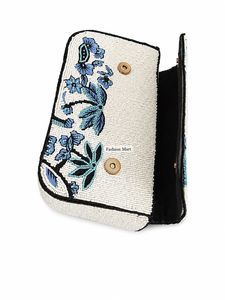 Handmade Beaded Floral <b>Envelope</b> Clutch <b>White</b> Blue Palm Tree Design Evening Party Bag - Product Image 4