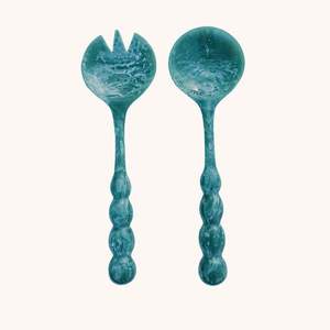 Ensemble de saladiers en résine perlée faits à la main |   Cuillère et fourchette de service en marbre Aqua Swirl - Product Image 1