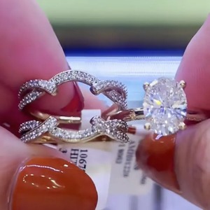 Elegant 925 Moissanite Sterling <b>Silver</b> Classic Oval Cut <b>Solitaire</b> Engagement <b>Ring</b> with Vintage Enhancer Wedding Band for Women's - Product Image 2
