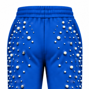 Royal Blue Pearl Beaded <b>Jogger</b> Pants <b>Women</b> Fashion Embellished Drawstring Sweatpants Luxury Casual Streetwear <b>Fleece</b> Bottoms - Product Image 4