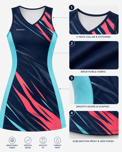 Vestido de Netball Personalizado en Azul Marino, Aqua y Coral, Sublimado, para Mujer, Sin Mangas, Cuello en V, Secado Rápido, Uniforme Deportivo de Alto Rendimiento - Product Image 2