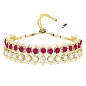 Parure de bijoux ethniques indiens pour femme, collier ras-du-cou et boucles d'oreilles longues, en laiton plaqué or, avec zircon et motif floral serti en canal, pour mariage - Product Image 2