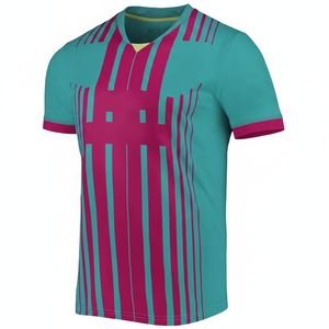 เสื้อฟุตบอลชายสีเขียวอมฟ้าและชมพูลายทางแบบซับลิเมชั่น แขนสั้น คอวี ระบายเหงื่อได้ดี ผลิตจากโพลีเอสเตอร์ สำหรับออกกำลังกาย - Product Image 1