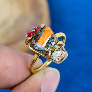 Bague en argent sterling 925 plaqué or 18 carats avec pierre précieuse naturelle en forme de cercueil, turquoise cuivrée et huître bleue épineuse - Product Image 2