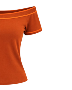 T-shirt orange pour femme, épaules dénudées, avec bordure contrastée, manches courtes, coupe ajustée, décontracté, haut d'été, fabricant OEM personnalisé - Product Image 3