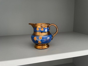 Vintage Ceramic Pitcher Blue Gold Floral Design Pottery <b>Jug</b> for <b>Drinks</b> Party Use - Product Image 3