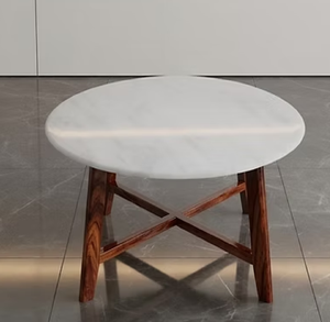 Table basse ronde en marbre blanc avec base cylindrique en maille de laiton doré, disponible à prix de gros. - Product Image 5