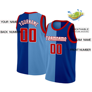 Maillot de basket bleu à empiècements rouges, personnalisable avec nom et numéro du joueur, tissu léger et respirant pour maillots - Product Image 2