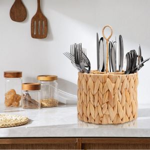Wholesale Water Hyacinth Straw Flatware <b>Caddy</b> Handwoven Cutlery Holder with Handle 4 Slot Condiment Organizer Tableware - Product Image 5