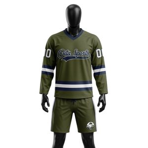 Conjunto de Camiseta y Pantalones Cortos de Hockey sobre Hielo Sublimados en Verde Oliva y Blanco para Hombre, Cuello en V, Rayas, Poliéster, Uniforme Deportivo, Ropa de Entrenamiento - Product Image 1