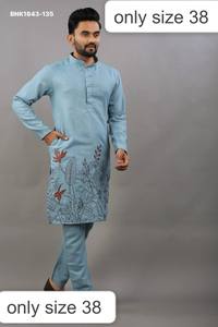 <b>Top</b> Quality Linen Cotton with Embroidery-Thread Pattern Readymade Full-Sleeve Kurta-Matching Polo Pant Set Wholesale Supply - Product Image 2