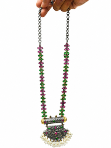 ELVORA GEMS Ethnic Women's Alloy Necklace Set Zircon Shield Pendant Imitation Pearl Bezel Setting Antique Silver Plated <b>Wedding</b> - Product Image 1