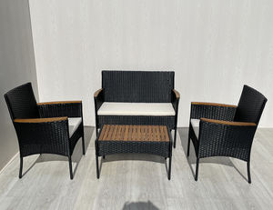 4P00077 Moderno y Cómodo Conjunto de Sofá de Ratán para Jardín o Terraza, Mesa de Centro, Sillas de Mimbre Negro, Madera de Acacia, Cojines Blancos Crema - Product Image 2