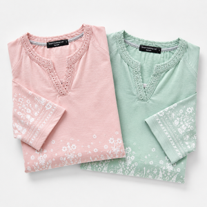 Top de punto casual para mujer, de algodón premium, con cuello en V, estampado en el borde, corte regular, manga 3/4 y ribete de crochet, ideal para el verano. - Product Image 6