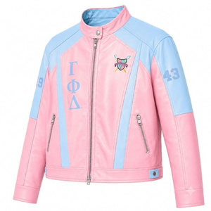 Gamma Phi Delta PU Leather Varsity <b>Jacket</b> Blue & Pink Letter 1943 Print Full Sleeve Zipper Casual Women's <b>Racing</b> <b>Jacket</b> - Product Image 5