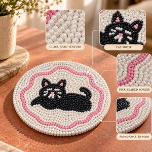 Stylish Glass <b>Beaded</b> Black Cat <b>Coaster</b> for Dining Table | Decorative Round Drink Mat for Kitchen Home Decor Tabletop Accessories - Product Image 4