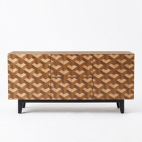 Buffet moderne en bois massif, design cube géométrique 3D, avec 2 portes et 2 tiroirs, base noire, meuble TV/console multimédia, mobilier de maison