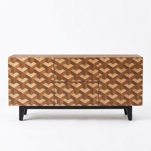 Aparador Moderno de Madera Maciza con Diseño Geométrico 3D en Forma de Cubo, Gabinete de 2 Puertas y 2 Cajones, Base Negra, Mueble para TV y Multimedia - Product Image 1