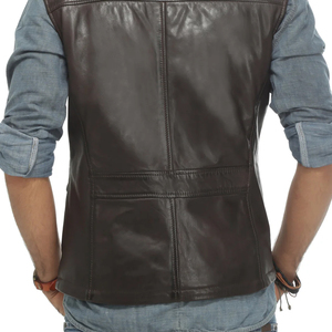 <b>Men's</b> Dark Brown Leather <b>Vest</b> Turn-down Collar Zipper Closure Solid Color Breathable Workwear Style Winter Outer Wear Regular - Product Image 5