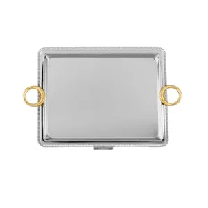Plateau décoratif octogonal en acier inoxydable martelé artisanal, plateau de service de luxe en argent avec poignées pour la restauration hôtelière - Product Image 2