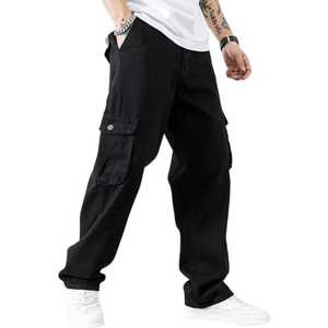 Men's Cargo Denim Pants Loose Fit Stonewashed Ripped Distressed Solid Color Streetwear Style Mid Waist Cotton Autumn Wear - Product Image 5