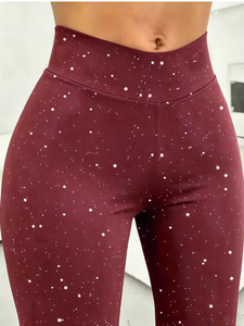Hardhoodi Interation Pantalones deportivos acampanados de cintura alta para mujer con puntos blancos, cintura elástica, longitud completa, color burdeos, para las cuatro estaciones - Product Image 5