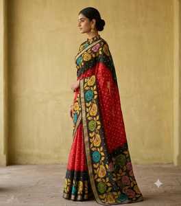 Sari de seda Dola suave con estampado Bandhni y borde de tejido jacquard - Product Image 2