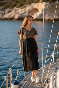 Vestido de Mujer con Estampado Animal Negro, Tela Crepé, Cuello en V, Manga Corta Acampanada, Largo Regular, Completamente Cosido, Estilo Occidental Elegante - Product Image 2