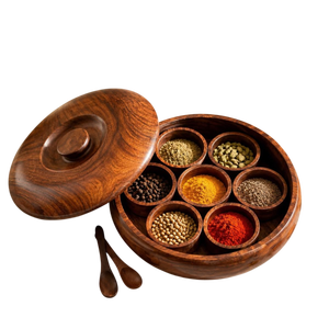 Caja de especias de madera artesanal premium con 7 recipientes desmontables, tradicional Masala Dabba indio para almacenamiento en la cocina. - Product Image 1