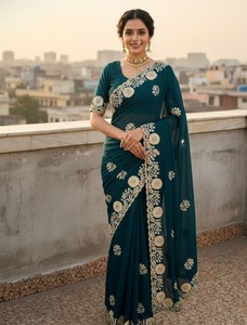 Indian Traditional Ethnic Fancy Designer Partywear <b>Saree</b> Embroidery Work Vichitra Silk Recycled Materials for Women Trendy - Product Image 1